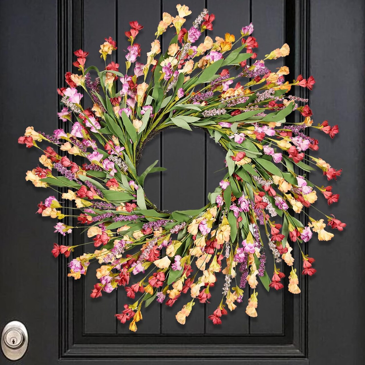 24" Spring Wreath for Front Door – Artificial Wildflower Wreath, Summer Home Decor for Indoor & Outdoor, Farmhouse, Porch, Window, Wall, Easter, Red/Orange/Purple